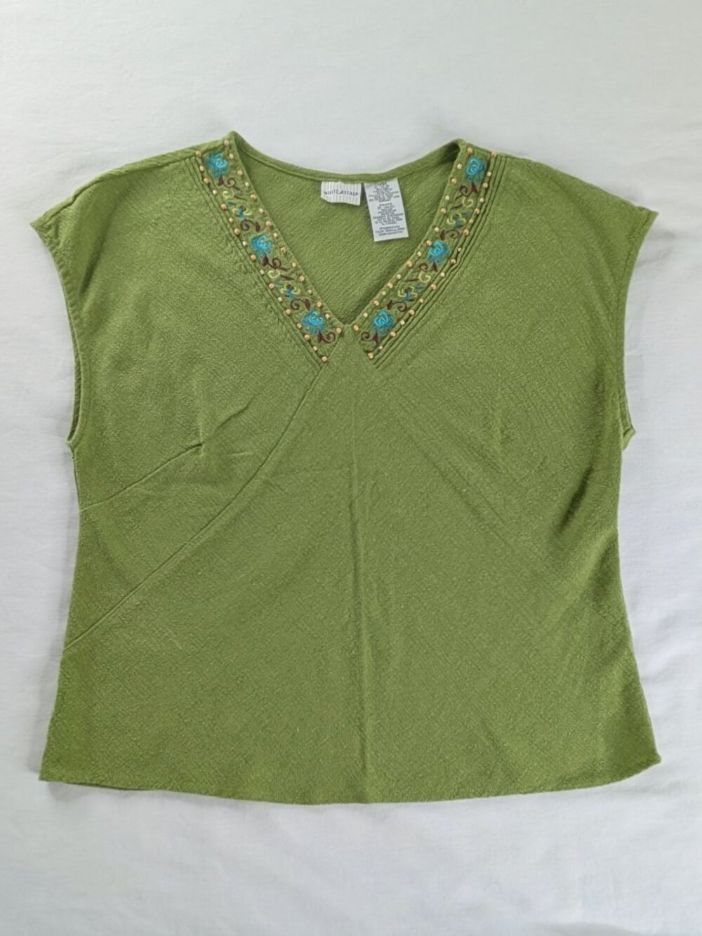 VTG Green Boho Linen Beaded V Neck Embroidered Short Sleeve Top